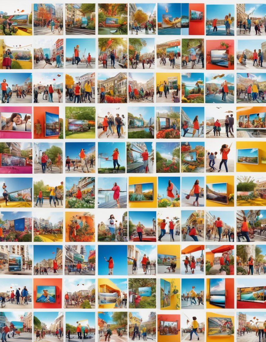 A montage of colorful, high-definition video screens displaying scenes of joy, such as people laughing, nature's beauty, and dynamic city life. Include vibrant hues and radiant lighting to emphasize happiness and positivity. The setting should evoke a sense of liveliness and engagement in digital media. super-realistic. vibrant colors. white background.