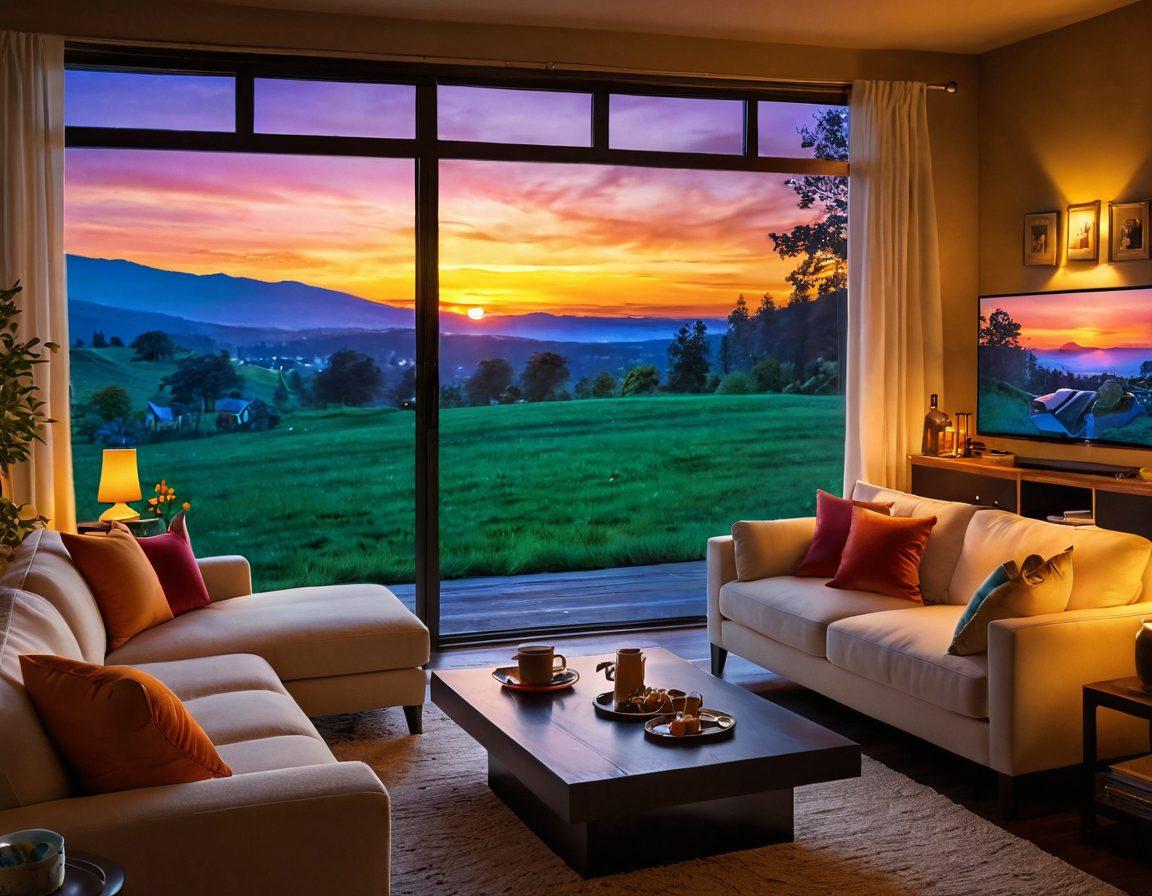 A vibrant scene showcasing a cozy living room with a plush sofa, a large HD screen displaying captivating Java entertainment like animated characters and dynamic visuals, a warm glow from a lamp, and a coffee table with snacks and drinks. Outside the window, a peaceful sunset adds to the mood of relaxation and enjoyment. Art style should be super-realistic with vibrant colors.