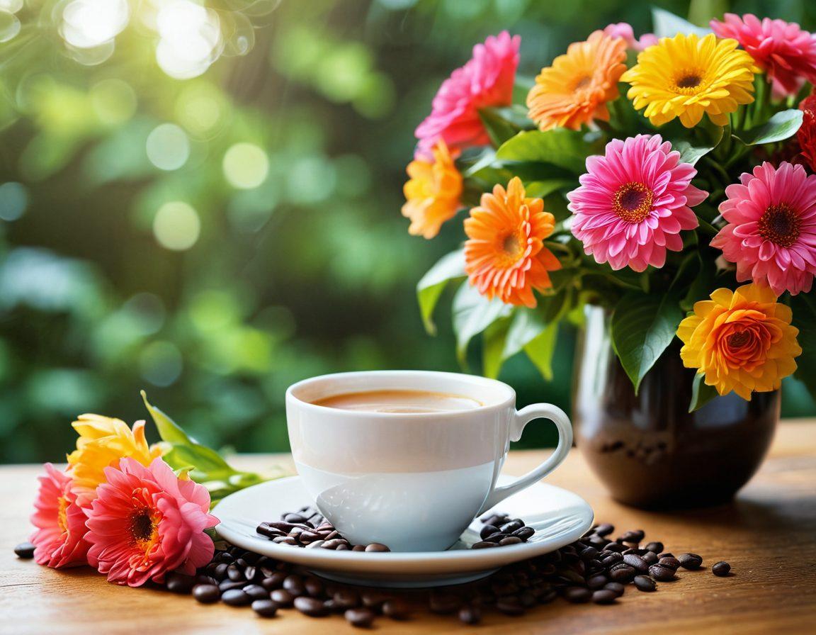 A serene, uplifting scene featuring an elegant coffee cup filled with rich JAV coffee, surrounded by beautiful, fresh coffee beans and a vibrant bouquet of flowers. In the background, a soft glow of sunlight filters through lush greenery, symbolizing happiness and tranquility. Include a cozy, inviting atmosphere that inspires joy and relaxation. super-realistic. vibrant colors. soft focus.